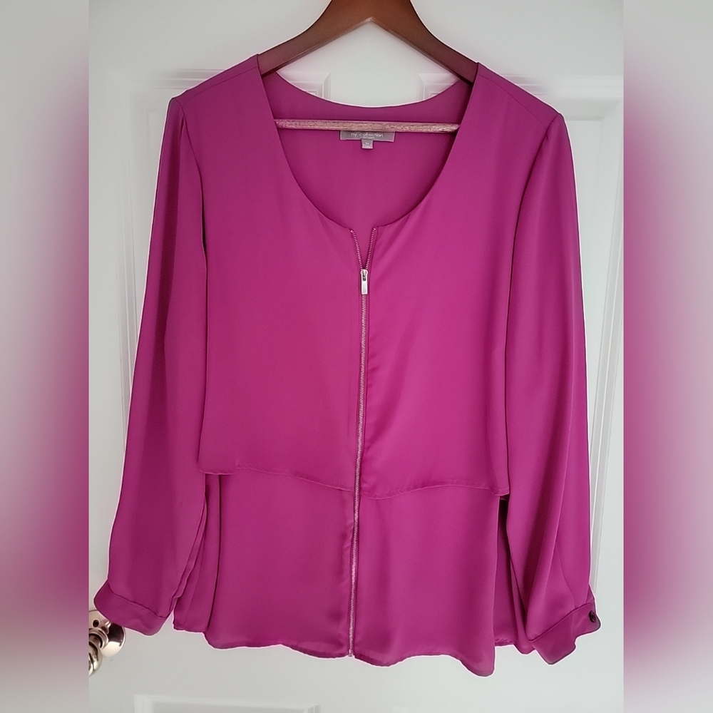 NY Collection Plus Size 1X Top Zipper Double Layer Full Sleeves Purple